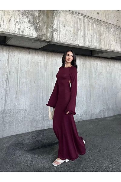 SuQ Open Back Detailed Maxi Long Dress - Burgundy