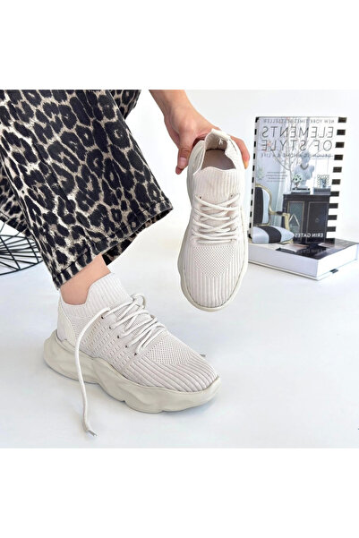 AyakabıMod Henta Beige Knitwear Lace-Up Sports Shoes
