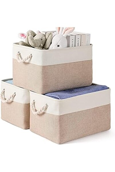 The Bros مجموعة من 3 سلال تخزين قماشية قابلة للطي مع مقابض - أبيض وكاكي للأرفف والخزانة