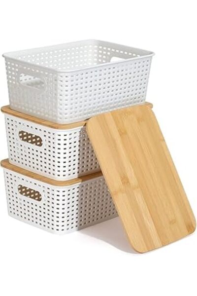 The Bros مجموعة من 3 صناديق تخزين بلاستيكية بأغطية من الخيزران، سلال تنظيم صغ...