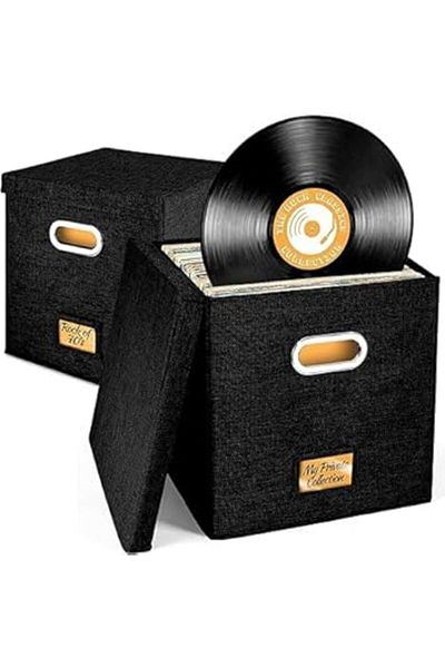 The Bros Set of 2 Vinyl Record Storage Boxes – Hold 50+ LPs, Fabric Bins with Lids for Home & Office (Black)