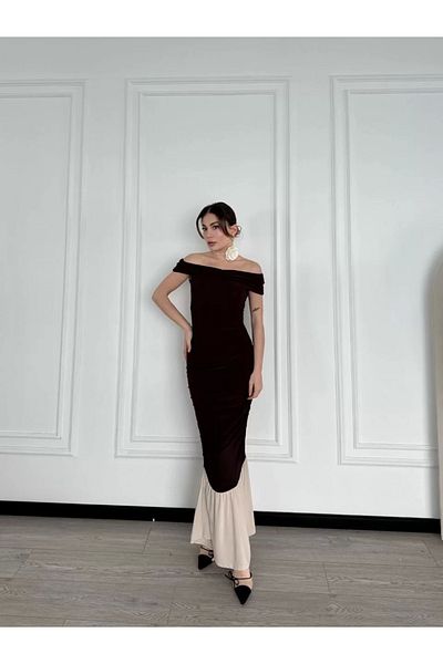SuQ    Striped Shoulder Long Dress - Brown