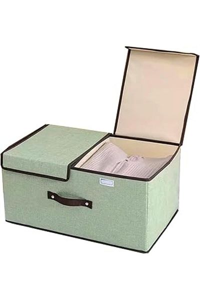 The Bros Large Foldable Linen Storage Bins with Lid & Handles – Green Organizer for Home & Office
