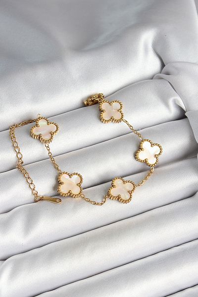 Toptan Bulurum 316L Steel Pearlescent Off White Gold Color Clover Women's Bracelet