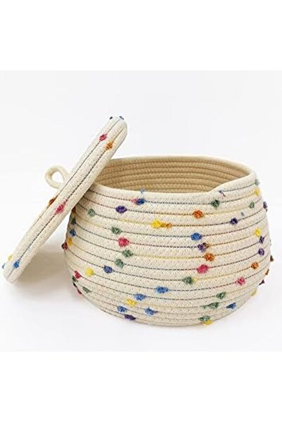 The Bros سلة حبل دائرية صغيرة مع غطاء، وحامل ألعاب بومبوم ملون، وصندوق تخزين ...