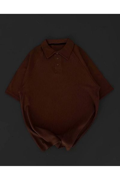 SuQ Collared Placket Short Sleeve T-Shirt - Brown