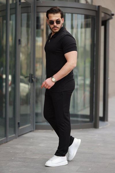 modamtn Men's Collared Zippered T-Shirt Trousers Double Casual Set