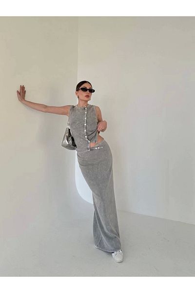 SuQ Long skirted buttoned front bodysuit double set - gray