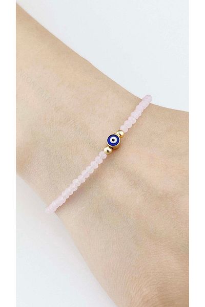 Neon Takı by Atalay Pink Stone Bracelet with Sensitivity Tag and Evil Eye Beads 505