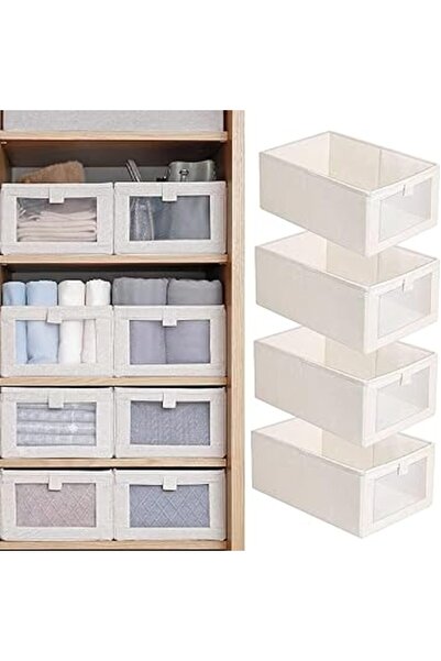 The Bros مجموعة من 4 صناديق تخزين كتان قابلة للطي مع نافذة شفافة - منظمات خزا...