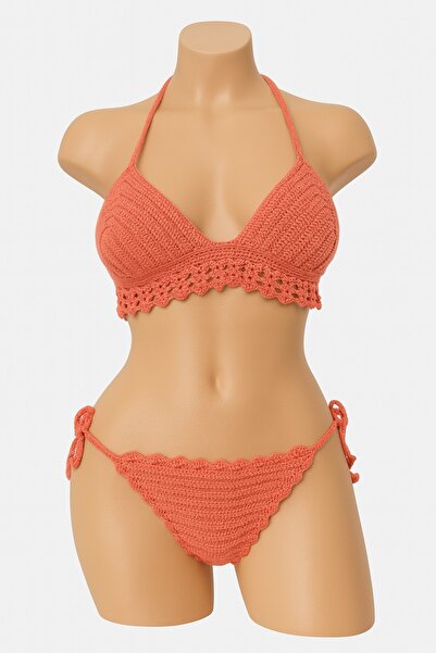 Muhtalif Markalar Hand Knitted Lace Detailed Orange Crochet Bikini Set – Bohe...