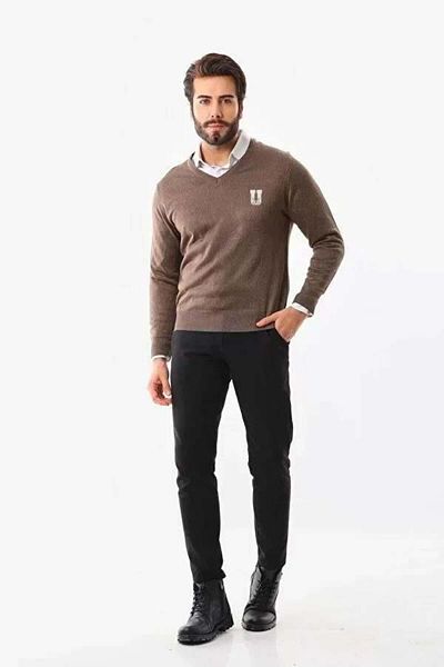 modamtn    Printed V-Neck Long Sleeve Woven Knitwear - Brown
