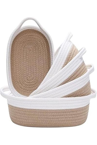 The Bros 5-Piece Ellipse Storage Basket Set – Natural Cotton Rope Bins for Toys, Pets & Bathroom, Brown