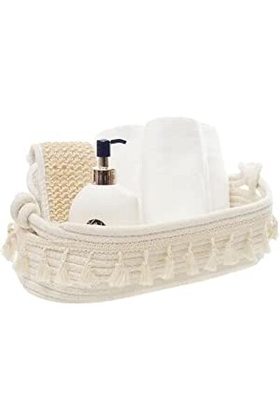 The Bros Small White Cotton Rope Basket – Decorative Boho Organizer for Toile...