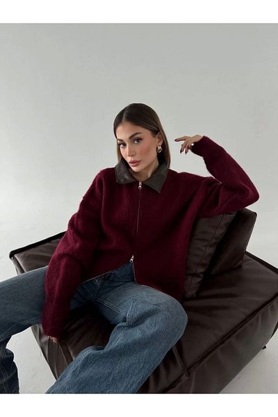 SuQ Leather Collar Cotton-Textured Double-Sided Running Zipper Jacket - Burgundy