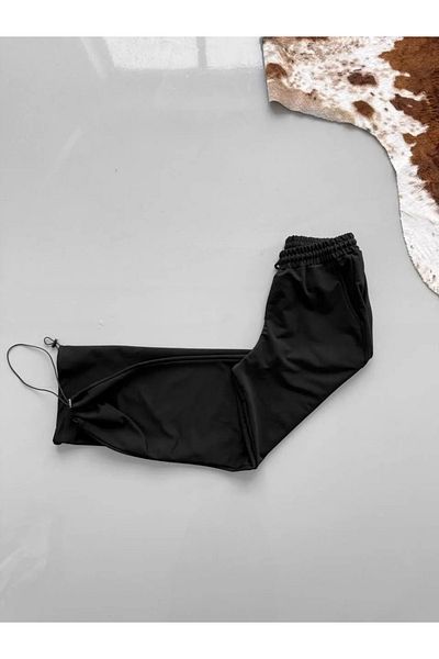 SuQ Two Thread Fabric Elastic Waist Pipe Leg Baggy Bottom Tracksuit - Black