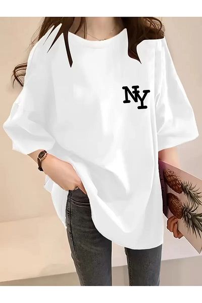 SuQ Women's Fun Letter Ny Printed Crew Neck T-Shirt - Comfortable Polyester, Machine Washable - Summer V