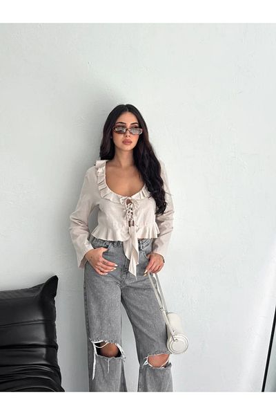 SuQ Linen Long Sleeve Blouse with Lace Detail - Beige