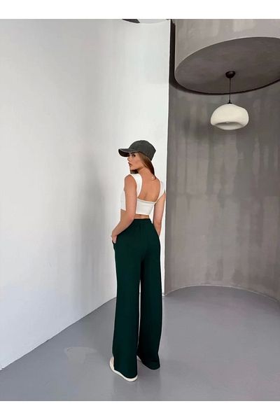 SuQ Osy Modal Soft Textured Fabric Embroidery Embroidered Casual Loose Leg Sweatpants Pantalon - Green