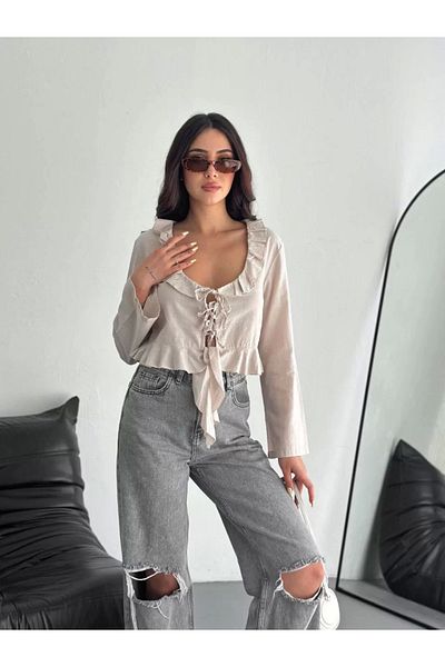 SuQ Linen Long Sleeve Blouse with Lace Detail - Beige