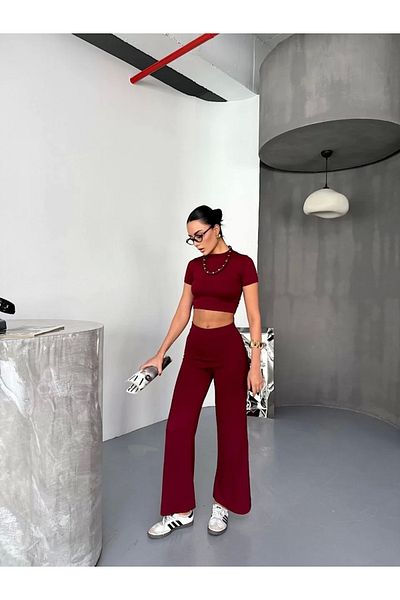 SuQ Osy Modal Soft Textured Fabric Short Sleeve Crop Bottom Flared Leg Pantalon Double Set - Claret Red