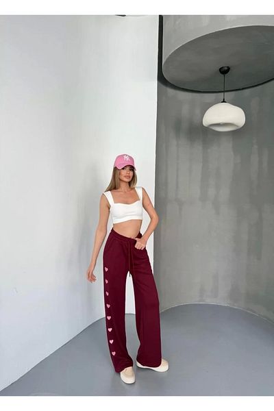 SuQ Osy modal soft textured fabric embroidered comfortable wide leg sweatpants - burgundy