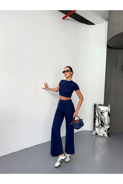 SuQ Osy Modal Soft Textured Fabric Short Sleeve Crop Bottom Flared Leg Pantalon Double Set - Navy Blue