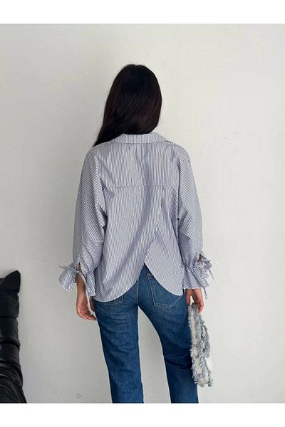 SuQ Women's Striped Blouse Shirt with Asymmetrical Slit Cut Detail on the Back - Smoked