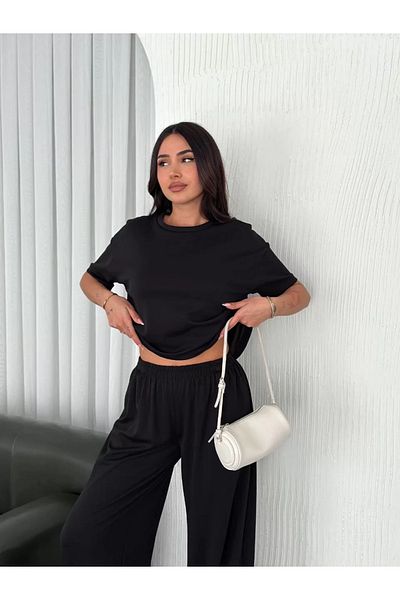 SuQ Osy Modal Soft Textured Fabric Crew Neck T-Shirt Wide Leg Pantalon Double Set - Black