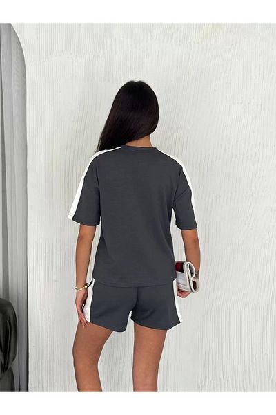 SuQ Osy Modal Soft Textured Fabric Women's Piece Crew Neck T-Shirt Short Shorts Two Piece Set - Anthracite