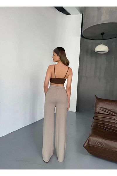 SuQ Osy Modal Soft Textured Fabric Embroidered Comfortable Loose Leg Sweatpants Pantalon - Beige