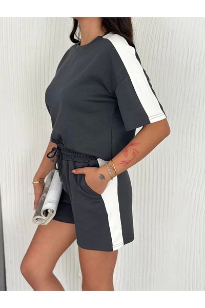 SuQ Osy Modal Soft Textured Fabric Women's Piece Crew Neck T-Shirt Short Shorts Two Piece Set - Anthracite