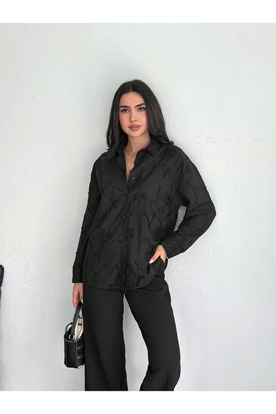 SuQ Women's Embroidered Long Sleeve Shirt - Black