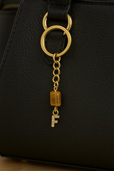 Han Ticarethane Breloc cu piatră de culoare aurie F Letter Tigre Eye