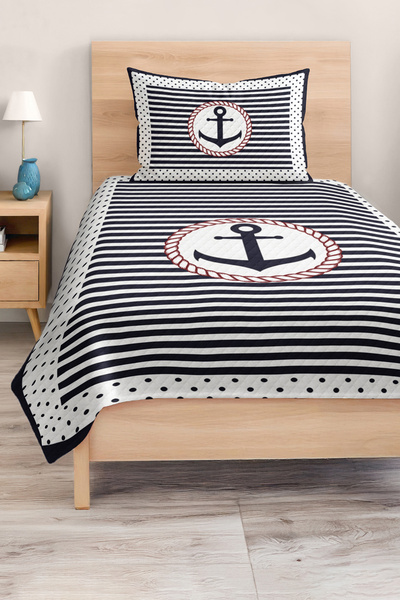 Realhomes مجموعة غطاء سرير بيك لغرفة الأطفال والمراهقين مع خطوط وبحري