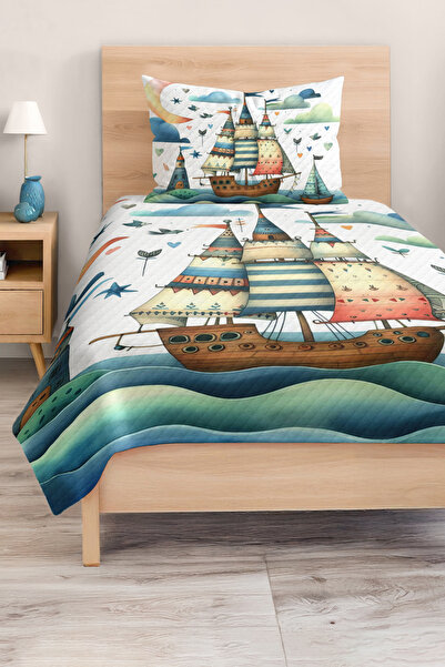 Realhomes مجموعة غطاء سرير بيكيه ملون لغرفة الأطفال والمراهقين بطابع البحر