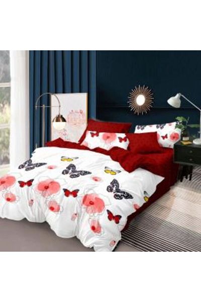 Ralex Double Bed Linen ELVO 4 Pieces Floral and Butterfly Design, White Red, Pucioasa