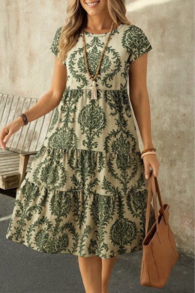 JANES Γυναικείο κοντομάνικο φόρεμα με μοτίβο με βολάν με μοτίβο μονόχρωμο