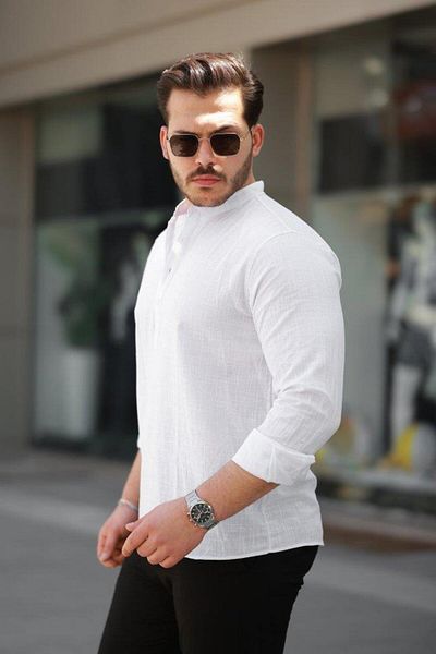 modamtn Men's Judge Collar Half Button Linen Shirt