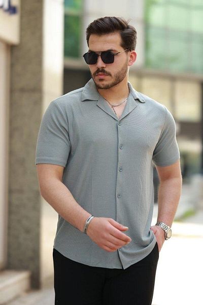 modamtn Men's Apache Collar Knitted Fabric Short Sleeve Shirt