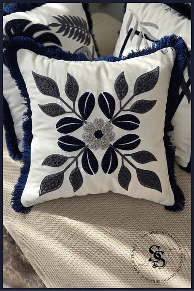 SasoHome Beauty Flowers Punch Embroidery Patterned Linen Throw Pillow Cover