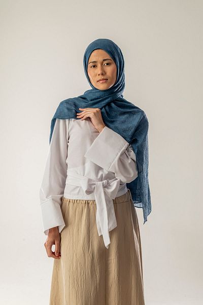 FLEUR SOİE Dama Pattern Indigo Blue Muslin Shal