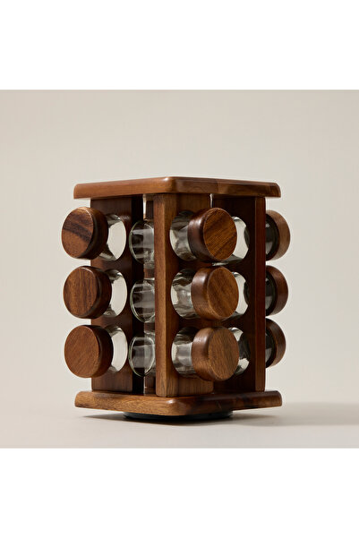 Billi glass spice jar set with wooden rack & rotating base 12 pcs