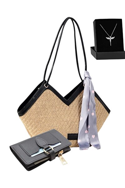 Givenza Women's Straw Shoulder Bag + Wallet + Necklace 3-Piece Combination Se...