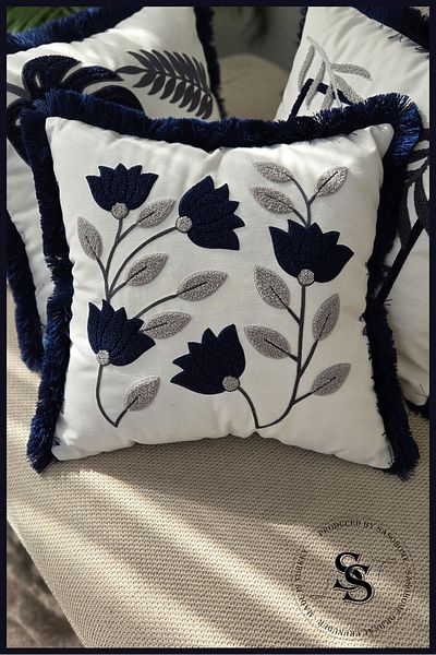 SasoHome Husă de pernă din in, cu model de broderie cu pumn de flori de frumusețe