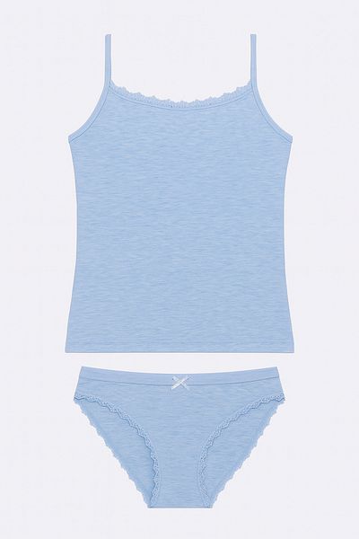 QKK Set de chiloți pentru femei Blue Melange Lycra Bumbac cu curea din frânghie Q3İ5K1L2EKK