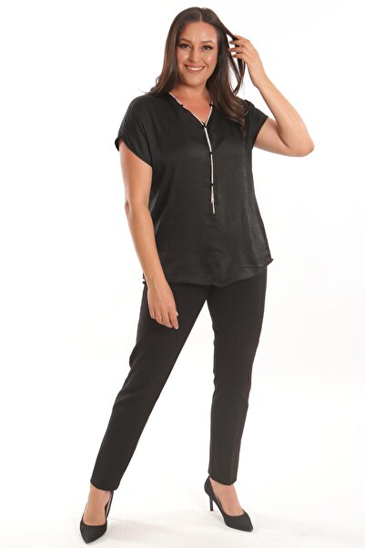 Trend42plus Plus Size Black Satin Blouse with Ruching and Chain Detail