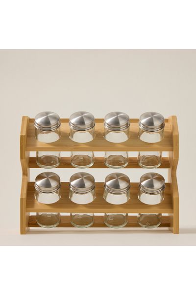 Alberto glass spice jar set with bamboo rack 8 pcs
