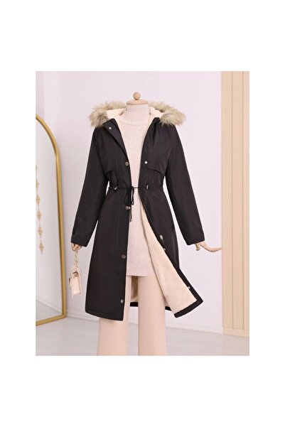 Omarı معطف طويل بقلنسوة ثابت مع أربطة من الداخل - أسود