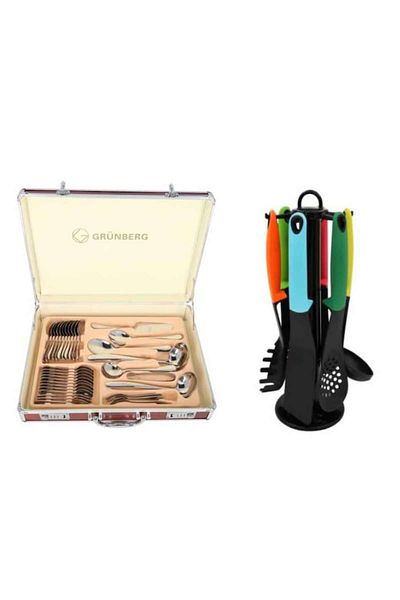 OEM Set Tacamuri de Inox 12 Persoane cu Set Bucatarie 7 Ustensile cu Suport